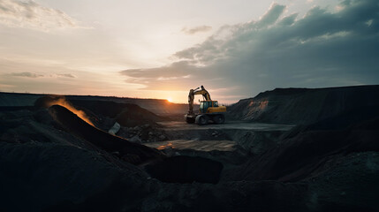 As the sun dips below the horizon, an excavator engages in earthmoving at a coal open pit, casting a silhouette against the serene sunset backdrop