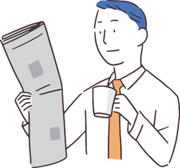 飲み物を片手に新聞を読む男性