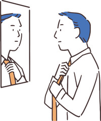 鏡を見ながらネクタイをする男性