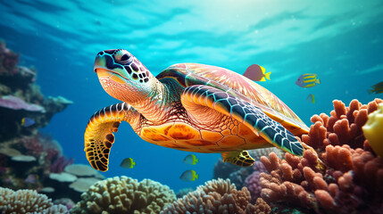 Obraz na płótnie Canvas sea turtle coral leaf