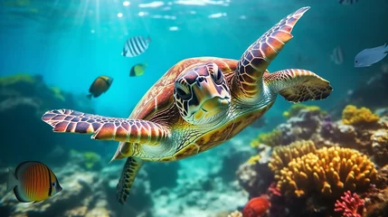 Deurstickers sea turtle coral leaf © Kelumlakmal