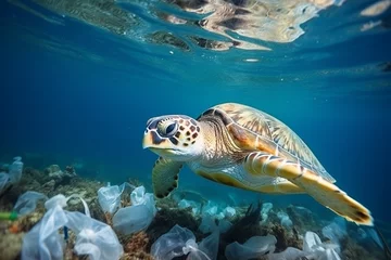Foto op Plexiglas anti-reflex Green sea turtle on the seabed with plastic bags and blue water. © Viewvie