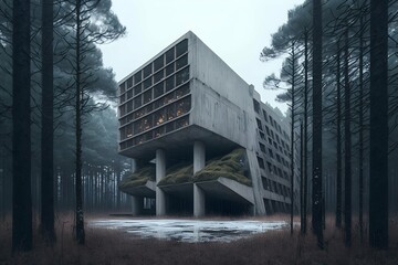 award winning photography of a forest brutalism 