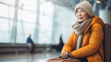 Elderly Asian woman patiently sits in the airport lounge with her luggage, reminiscing on past...