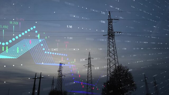 Animation of Rising Electricity Prices Graph With Distribution Pylons - 3d render