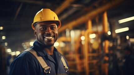 Determined Black professional in the heavy industry sector, proudly wearing a protective uniform and hard hat, stands against the vast expanse of an industrial facility. - obrazy, fototapety, plakaty