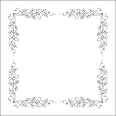 Black and white vegetal ornamental frame with baby blue eyes flowers, decorative border, corners for greeting cards, banners, business cards, invitations, menus. Isolated vector illustration.