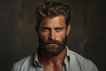 Fototapeta premium Close-up photograph of man with beard. This image can be used to represent masculinity, facial hair, or grooming.