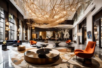 A designer boutique hotel lobby with avant-garde furniture and art installations. - obrazy, fototapety, plakaty