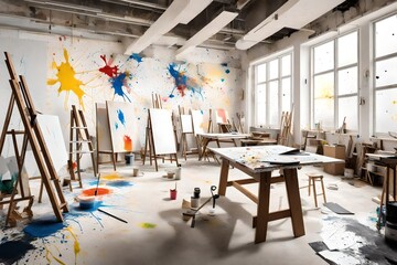 A modern art studio with paint-splattered walls and canvases in progress.