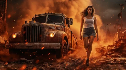 Action shot with woman near the burning old truck. Dynamic scene in action movie blockbuster style. © swillklitch