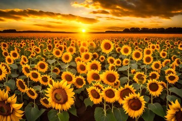 A field of sunflowers stretching towards the horizon under a golden sunset.
