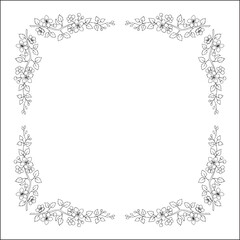 Black and white vegetal ornamental frame with fruit trees blossom, decorative border, corners for greeting cards, banners, business cards, invitations, menus. Isolated vector illustration.