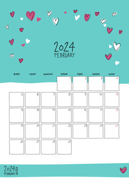 February 2024 wall calendar. Colorful sketch style. Printable A4 portrait template.