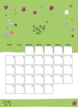 May 2024 wall calendar. Colorful sketch style. Printable A4 portrait template.