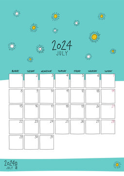 July 2024 wall calendar. Colorful sketch style. Printable A4 portrait template.