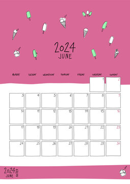 June 2024 wall calendar. Colorful sketch style. Printable A4 portrait template.