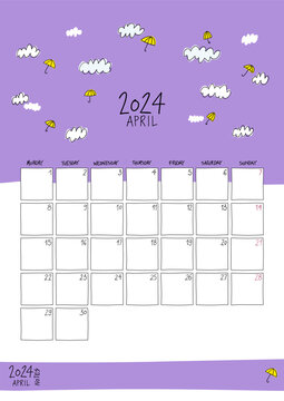 March 2024 wall calendar. Colorful sketch style. Printable A4 portrait template.