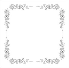 Black and white vegetal ornamental frame with baby blue eyes flowers, decorative border, corners for greeting cards, banners, business cards, invitations, menus. Isolated vector illustration.