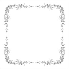 Black and white vegetal ornamental frame with baby blue eyes flowers, decorative border, corners for greeting cards, banners, business cards, invitations, menus. Isolated vector illustration.