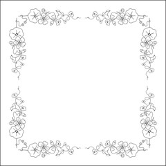 Black and white vegetal ornamental frame with nasturtium flowers, decorative border, corners for greeting cards, banners, business cards, invitations, menus. Isolated vector illustration.