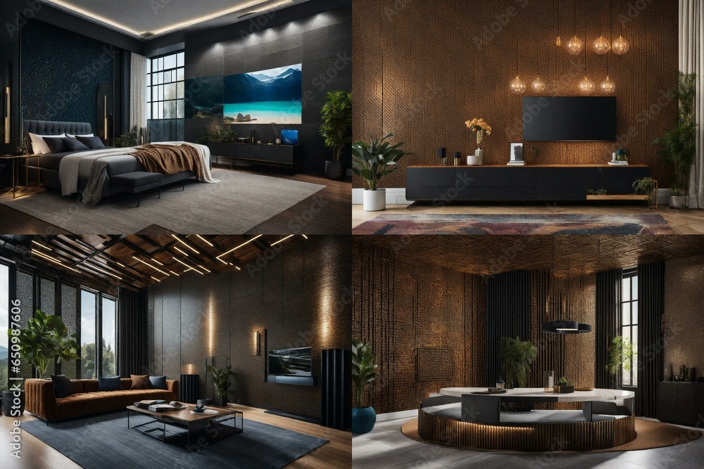 Poster illustrate the use of accent walls and textured surfaces to create visual interest.