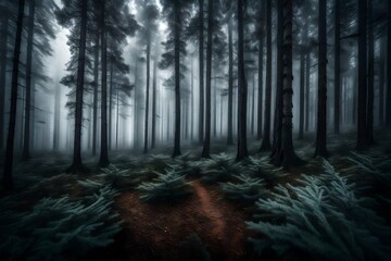 A dense fog rolling through a dense pine forest, creating an eerie atmosphere.
