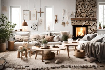 A Scandinavian-inspired living room with hygge elements, a fireplace, and cozy textiles.