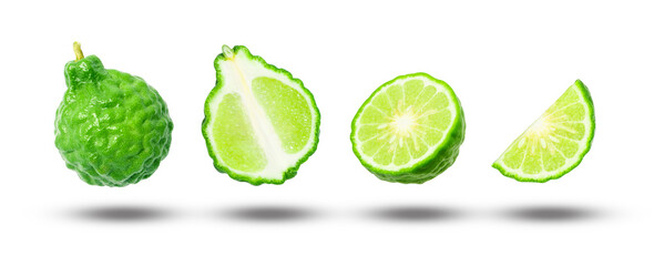 Flying fresh bergamot with slices  collection isolated on white background.