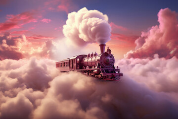 A pink train traveling through a cloudy blue sky. Smoke from the chimney of a retro locomotive.