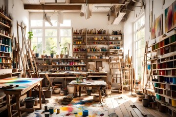 An artist's studio with natural light, an expansive canvas, and shelves of colorful paints.