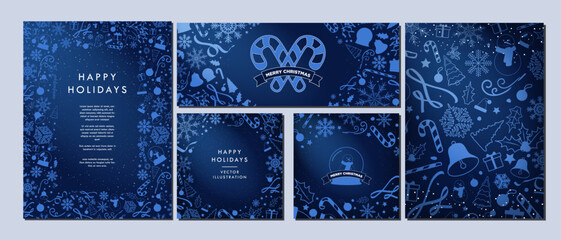 Cetacean Blue Christmas Template Designs. Merry Christmas Card and Poster Monochromatic Theme Backgrounds. Xmas doodle elements. Beautiful minimalist Winter templates. Card, banners, posters. Vector. 