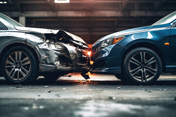 Car accident of two cars, collision of cars. Two cars are damaged after a head-on collision, a car...