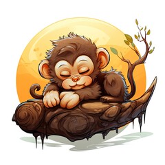 Cute Monkey goes to sleep in cartoon style on a white background