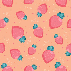 Juicy strawberry seamless vector pattern. Summer berry background. Use for fabric, gift wrap, packaging. Vector illustration in flat cartoon style.
