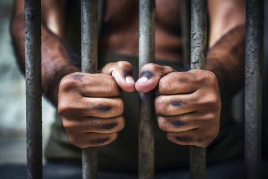 The male prisoner grabbed the prison bars with his hands. The pain and suffering of the prisoner. The inevitability of a judicial verdict. Hopelessness. The punishment of the criminal.