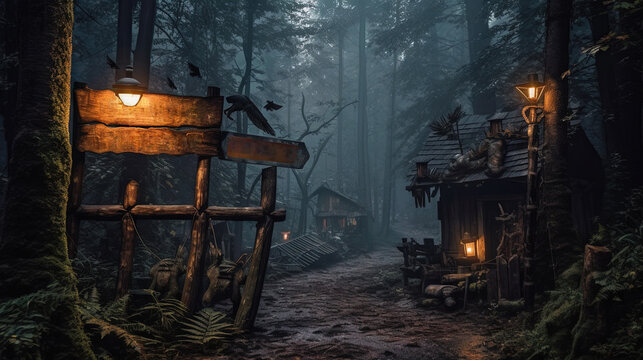 Signboard at the enty of dark fairytale village in Halloween style.