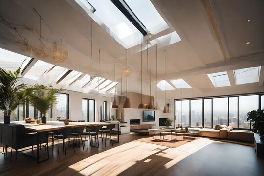 Explain the use of natural light and skylights to brighten the interior.