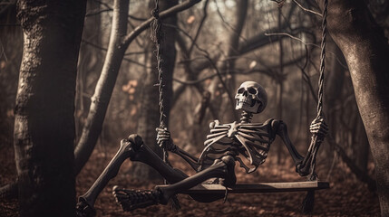 Halloween card with skeleton on a swing. Relaxing skeleton for party invitation on autumn holidays.