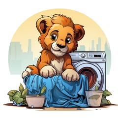 Cute Lion does laundry in cartoon style on a white background