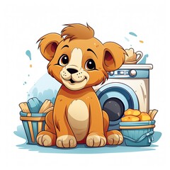 Cute Lion does laundry in cartoon style on a white background