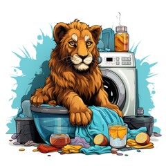 Cute Lion does laundry in cartoon style on a white background