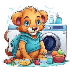 Cute Lion does laundry in cartoon style on a white background