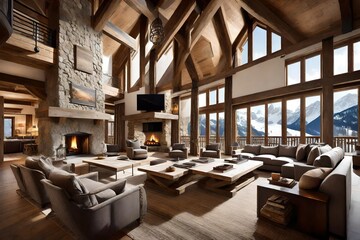 A high-end ski chalet with a rustic-chic interior, a stone fireplace, and alpine views.