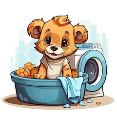 Cute Lion does laundry in cartoon style on a white background