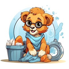Cute Lion does laundry in cartoon style on a white background