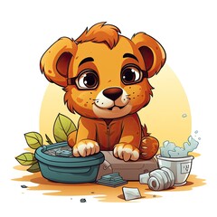 Cute Lion does laundry in cartoon style on a white background