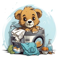 Cute Lion does laundry in cartoon style on a white background