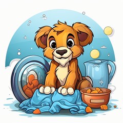 Cute Lion does laundry in cartoon style on a white background