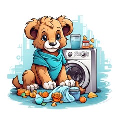 Cute Lion does laundry in cartoon style on a white background